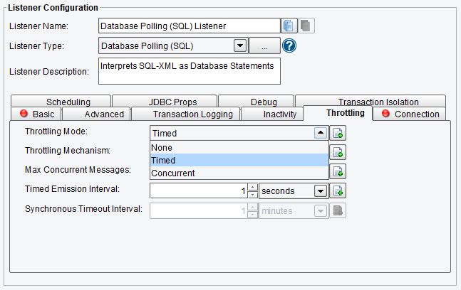 Database Polling (SQL) Listener Throttling Mode Selections