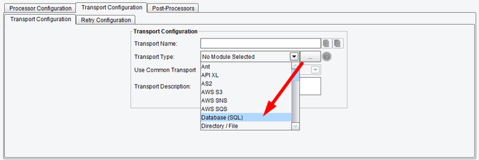 Database SQL Transport Configuration Options in eiConsole