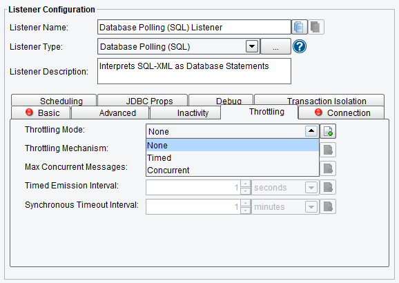 Database Polling (SQL) Listener Throttling Mode Selections