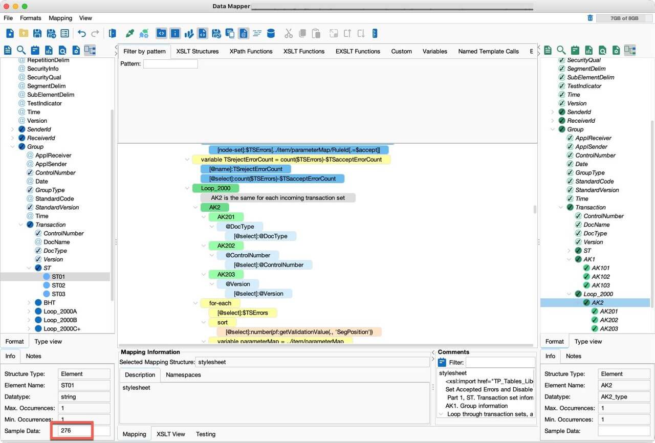 PilotFish Data Mapper showing data mapping to an X12 EDI 276 healthcare claim status request