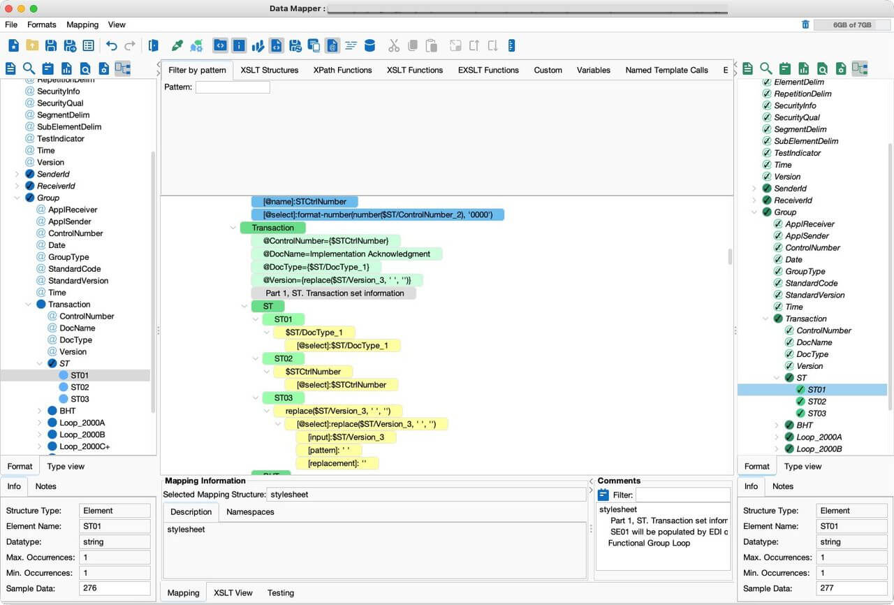 PilotFish Data Mapper showing data mapping to an X12 EDI 277 healthcare claim status notification