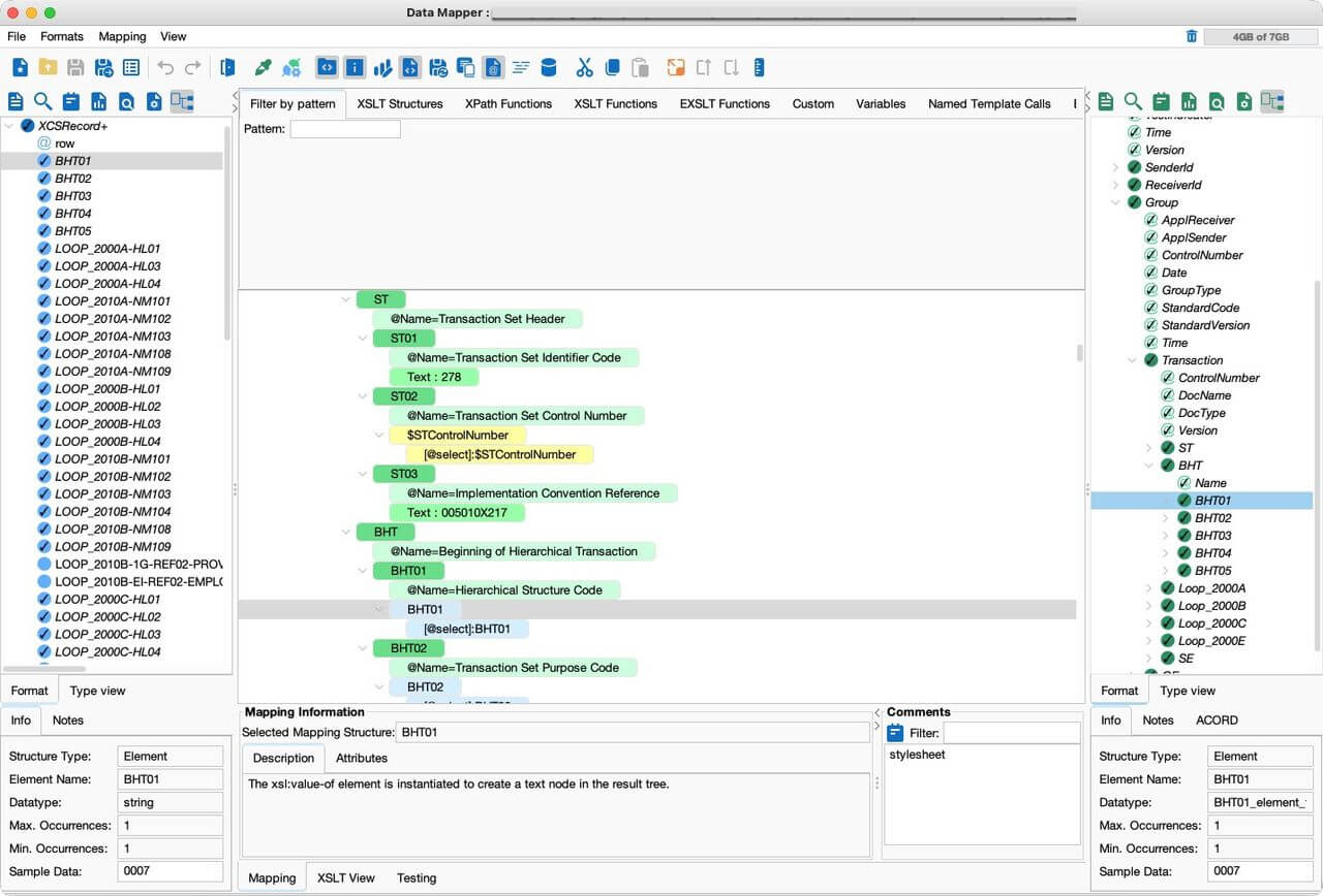 PilotFish Data Mapper showing data mapping to an X12 EDI 278 healthcare prior authorization request