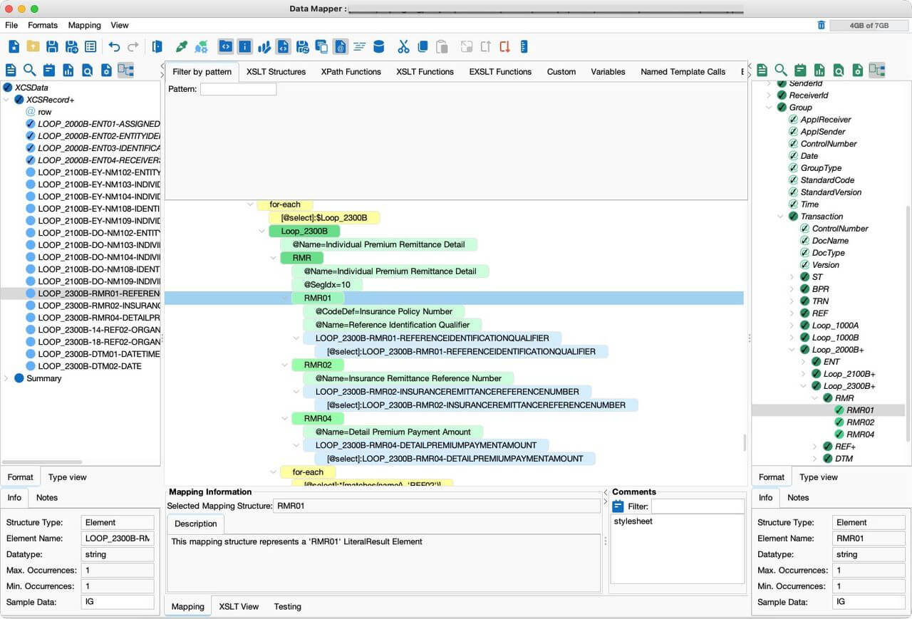 PilotFish Data Mapper showing data mapping to an X12 EDI 820 payment order and remittance advice transaction