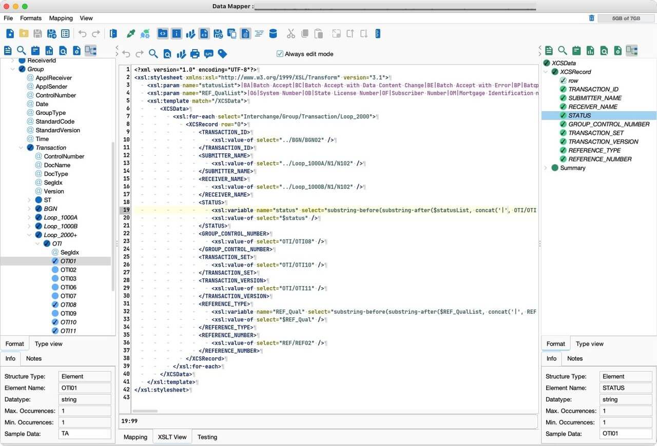 PilotFish Data Mapper showing data mapping to an X12 EDI 824 application advice transaction