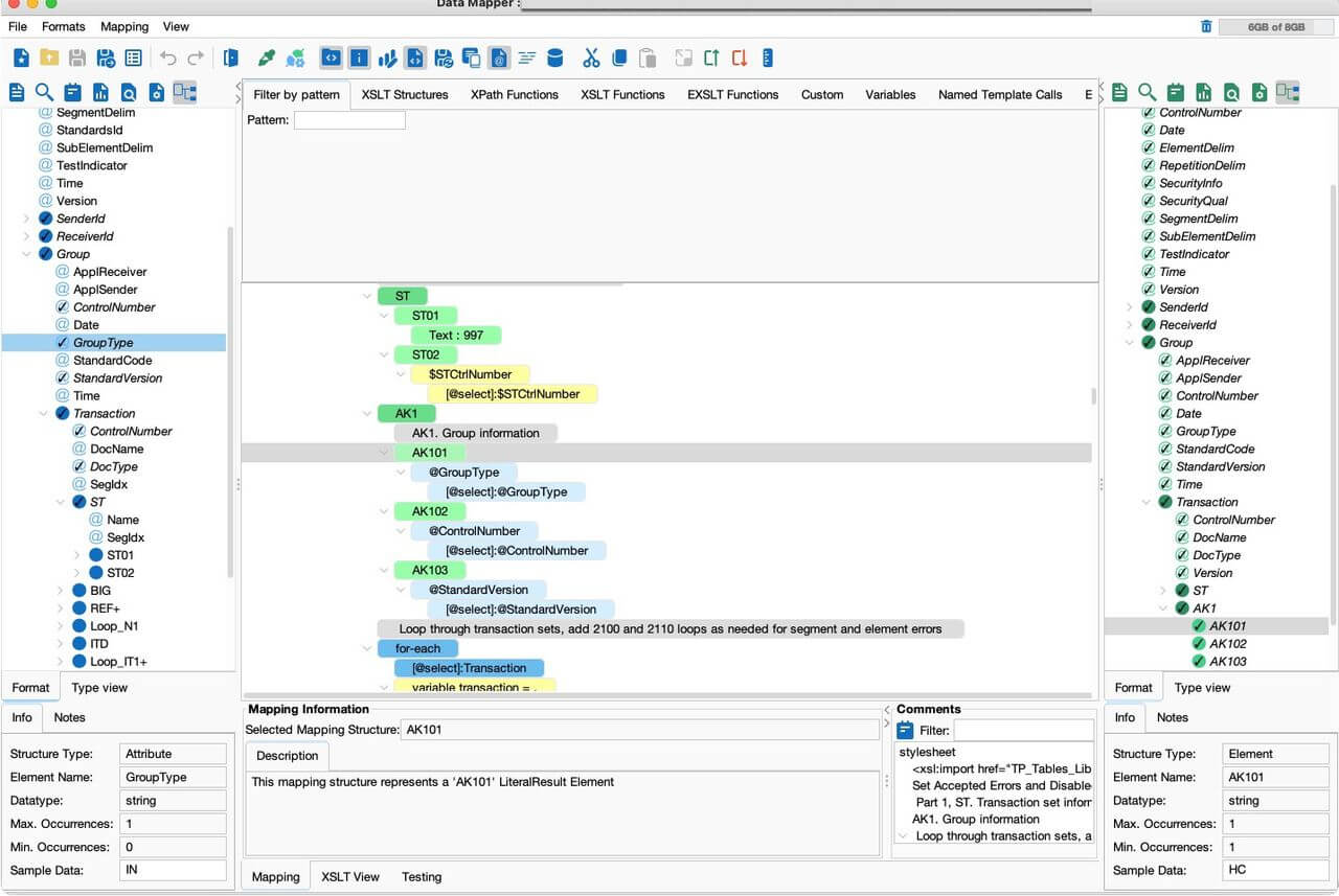 PilotFish Data Mapper showing data mapping to an X12 EDI 997 functional acknowledgment