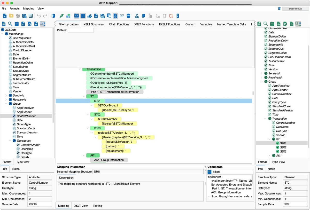 PilotFish Data Mapper showing data mapping to an X12 EDI 999 implementation acknowledgment